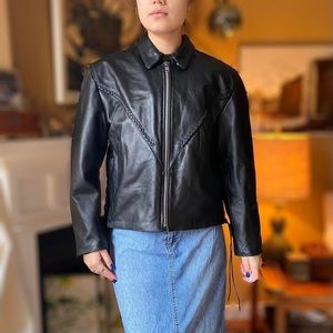 Breathtaking genuine leather oversized vintage jacket with ties up the side